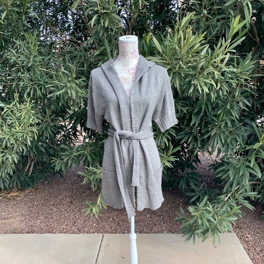 Wet Seal Gray Knit Belted Hoodie Cardigan Sweater Size M